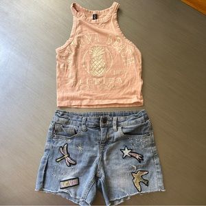 Girls Pink Pineapple Tank (M) Vigoss Embroidered Jean Shorts - Size 12